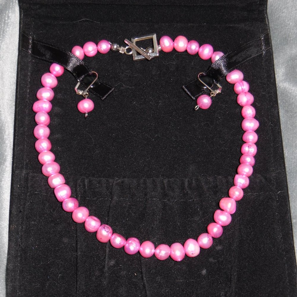 Hot Pink Pearl Necklace and Earrings Set